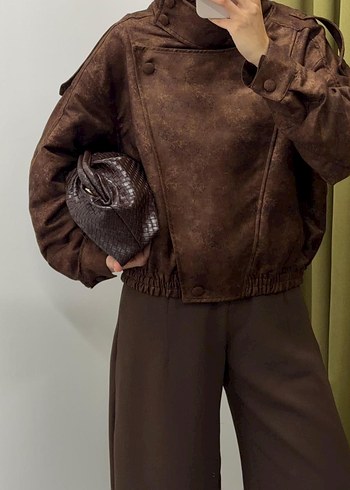 Kahverengi Deri Kadın Ceket Yüksek Yaka - Görsel 4