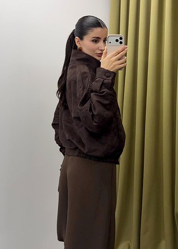 Kahverengi Deri Kadın Ceket Yüksek Yaka - Görsel 6