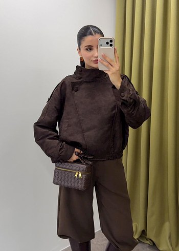 Kahverengi Deri Kadın Ceket Yüksek Yaka - Görsel 2