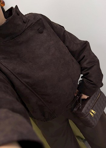 Kahverengi Deri Kadın Ceket Yüksek Yaka - Görsel 3