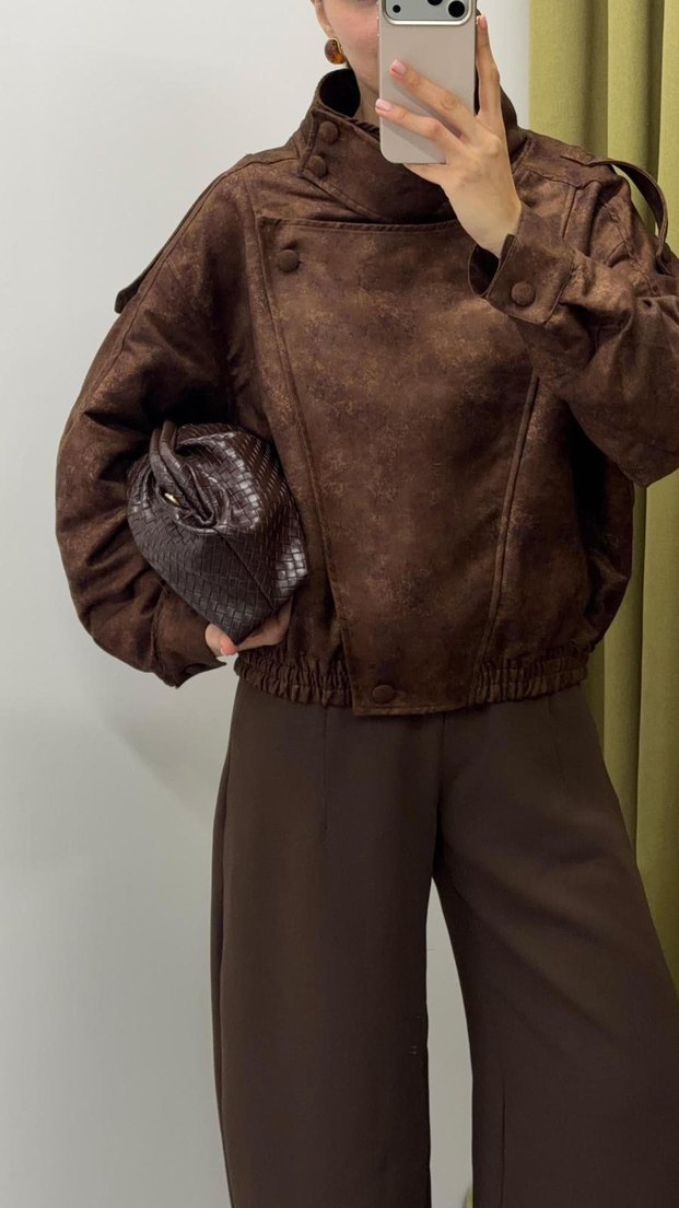 Kahverengi Deri Kadın Ceket Yüksek Yaka - Görsel 4