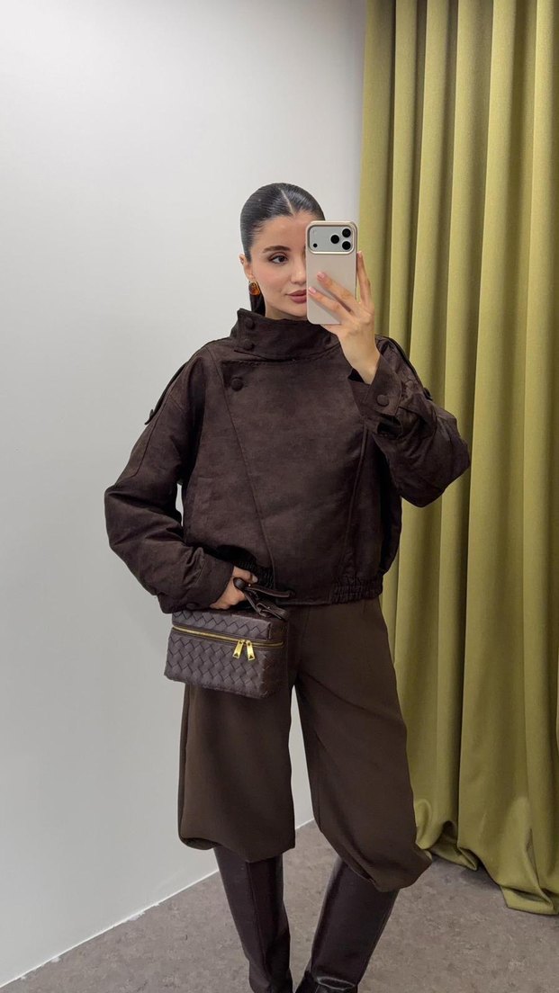 Kahverengi Deri Kadın Ceket Yüksek Yaka - Görsel 2