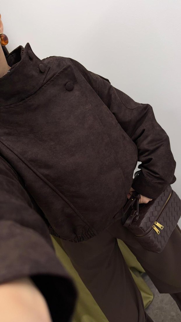 Kahverengi Deri Kadın Ceket Yüksek Yaka - Görsel 3