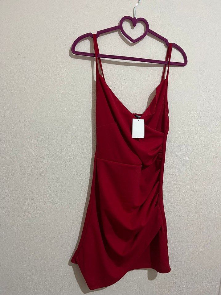 Bordo Drapeli Askılı Midi Elbise - Görsel 2