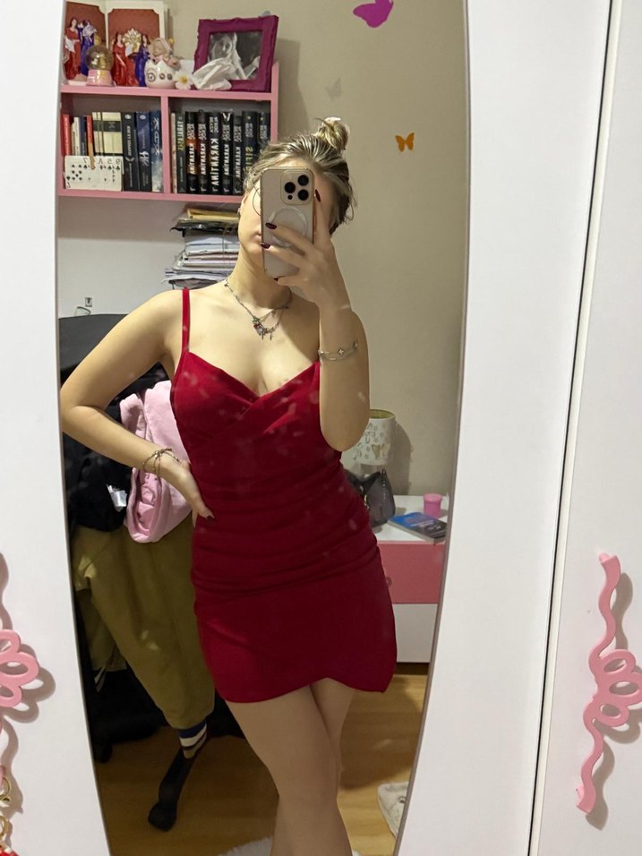 Bordo Drapeli Askılı Midi Elbise - Görsel 4