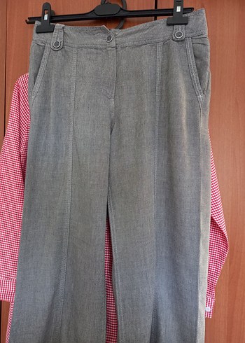 LC Waikiki Düğmeli Gri Keten Kadın Pantolon