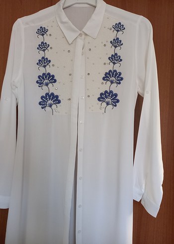 Nakışlı Beyaz Pamuklu Kadın Gömlek - Görsel 4