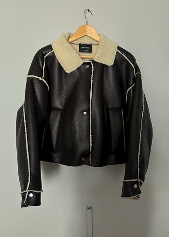 42 Beden Düğmeli Kahverengi Deri Kadın Ceket pull and bear