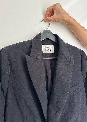 Düğmeli Siyah Keten Kadın Blazer - Görsel 2