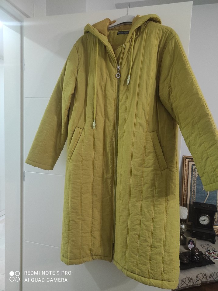 Sarı Uzun Keten Kadın Mont - Görsel 2