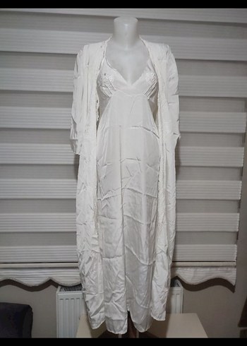 Beyaz Nakışlı Bohem Uzun Kadın Sabahlık - Görsel 2