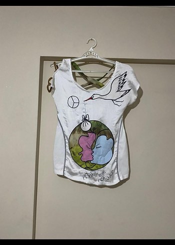 Beyaz Baskılı Kolsuz Hamile Tişörtü - Görsel 7