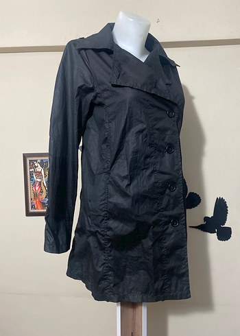 Düğmeli Siyah Midi Kadın Rüzgarlık - Görsel 9