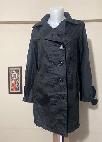 Düğmeli Siyah Midi Kadın Rüzgarlık - Görsel 2