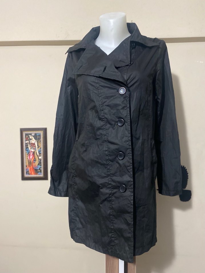 Düğmeli Siyah Midi Kadın Rüzgarlık - Görsel 2