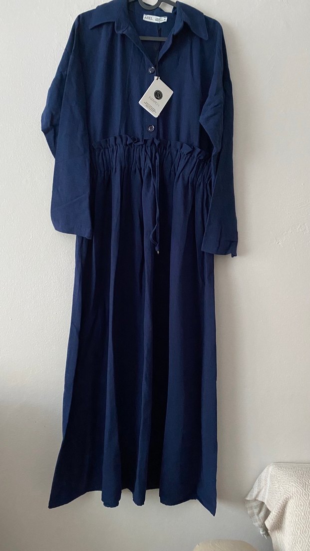 Keten Elbise - Lacivert - Görsel 5