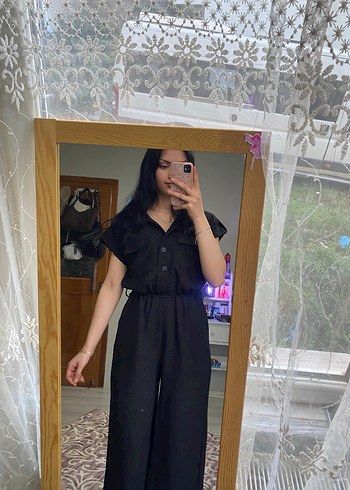 Siyah V Yaka Kadın Midi Tulum - Görsel 3