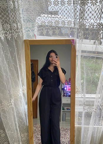 Siyah V Yaka Kadın Midi Tulum - Görsel 2