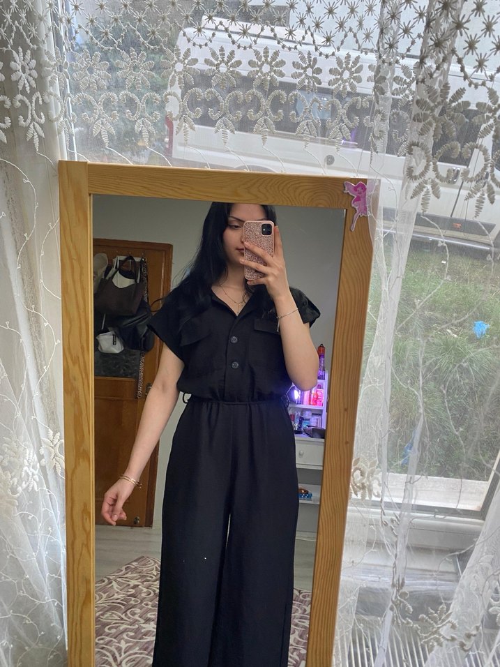 Siyah V Yaka Kadın Midi Tulum - Görsel 3