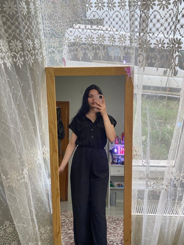 Siyah V Yaka Kadın Midi Tulum - Görsel 2