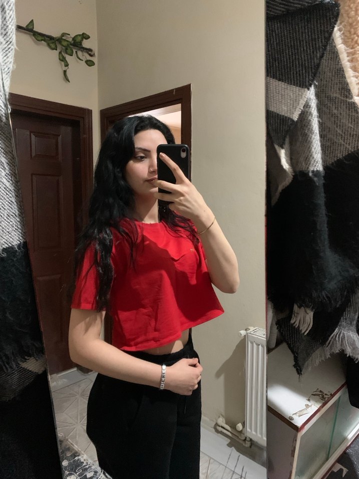 Kırmızı Kadın Crop Top, Kısa Kollu, Şık - Görsel 2