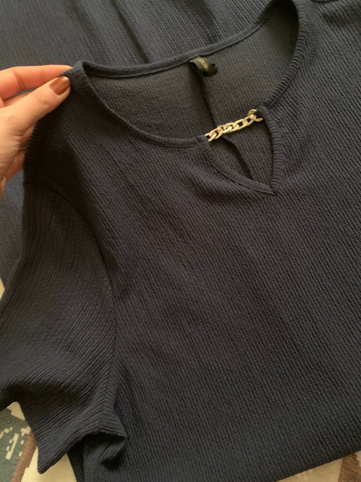 V Yaka Lacivert Midi Elbise - Görsel 2