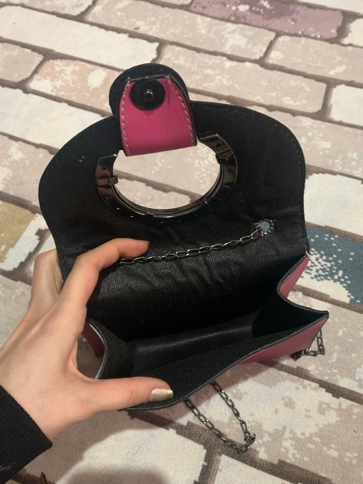 Pembe Deri Zincir Detaylı Yılan Desenli Çanta - Görsel 2