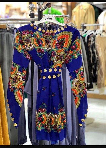 Renkli Etnik Desenli Uzun Kollu Bohem Kız Elbisesi - Görsel 3