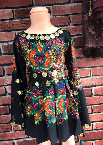 Boncuklu Uzun Kollu Renkli Bohem Elbise - Görsel 2