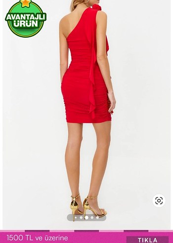 Drapeli Kırmızı Mini Straplez Elbise - Görsel 3
