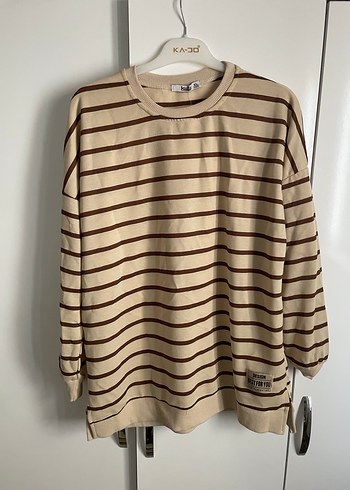 Diğer Bej Çizgili Pamuklu Kadın Sweatshirt