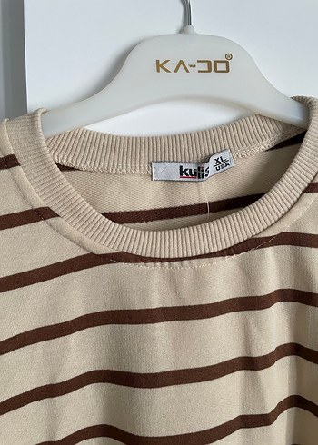xl Beden Bej Çizgili Pamuklu Kadın Sweatshirt