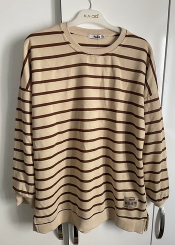 Bej Çizgili Pamuklu Kadın Sweatshirt