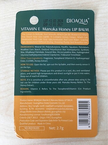  Beden Bioaqua Manuka Ballı ve E Vitaminli Dudak Balmı
