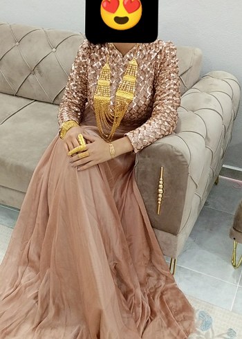 Bej Desenli Uzun Kollu Kadın Abiye Elbise - Görsel 4