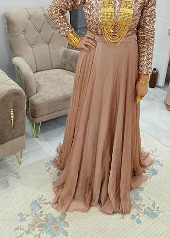 Bej Desenli Uzun Kollu Kadın Abiye Elbise - Görsel 3