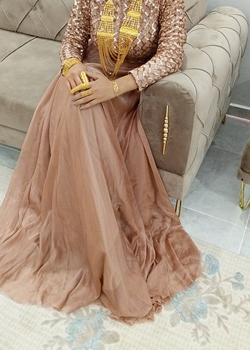 Bej Desenli Uzun Kollu Kadın Abiye Elbise - Görsel 2