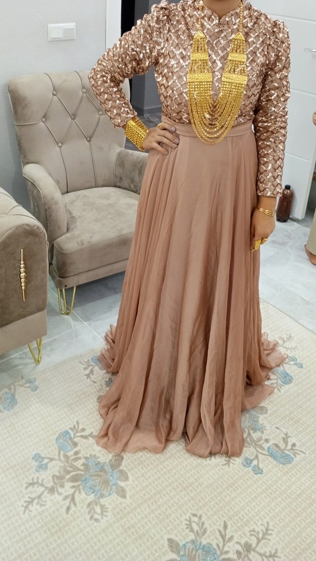 Bej Desenli Uzun Kollu Kadın Abiye Elbise - Görsel 3