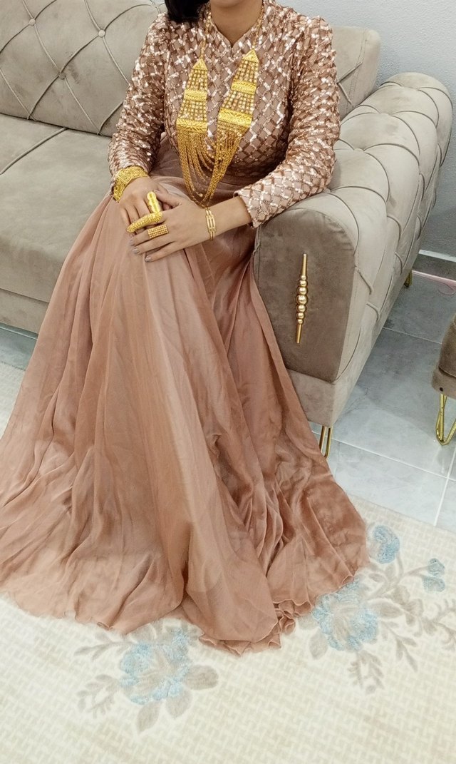 Bej Desenli Uzun Kollu Kadın Abiye Elbise - Görsel 2