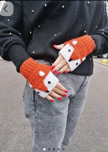 Renkli Örgü Kadın Eldivenleri - Tilki Desenli - Görsel 2