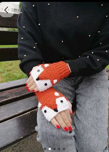 Renkli Örgü Kadın Eldivenleri - Tilki Desenli - Görsel 3