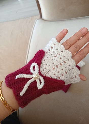 Bordo Dantel Detaylı Örgü Kadın Eldiveni - Görsel 2