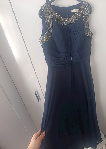 Parlak Lacivert Drapeli Uzun Abiye Elbise - Görsel 4