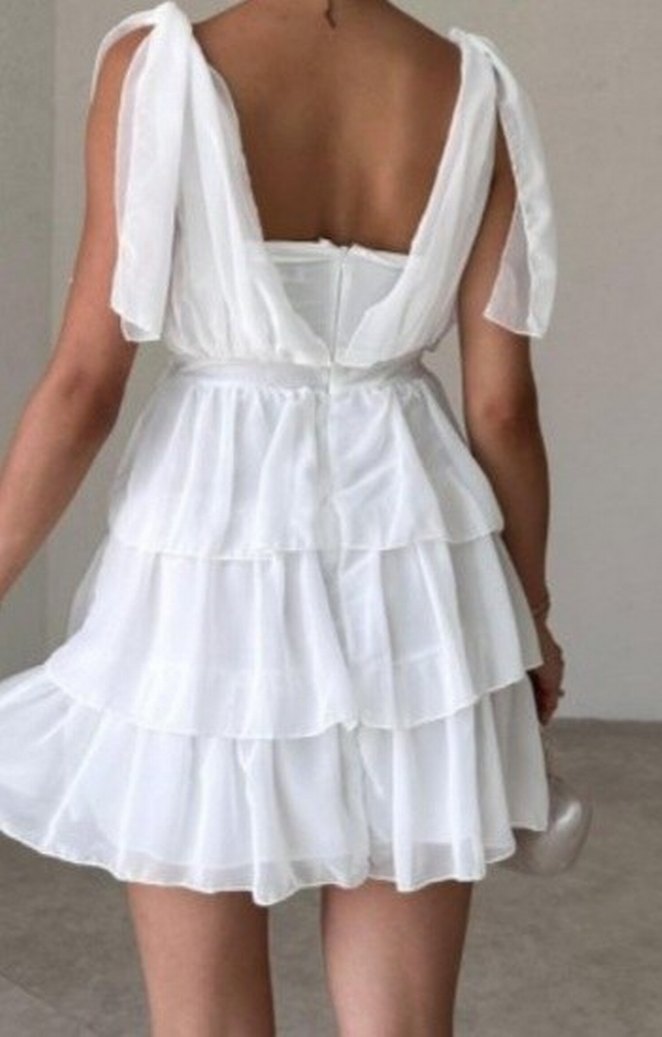 Beyaz Kat Kat Mini Elbise - Görsel 2