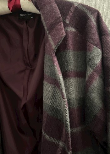 Bordo Gri Ekose Uzun Kadın Yün Kaban - Görsel 3