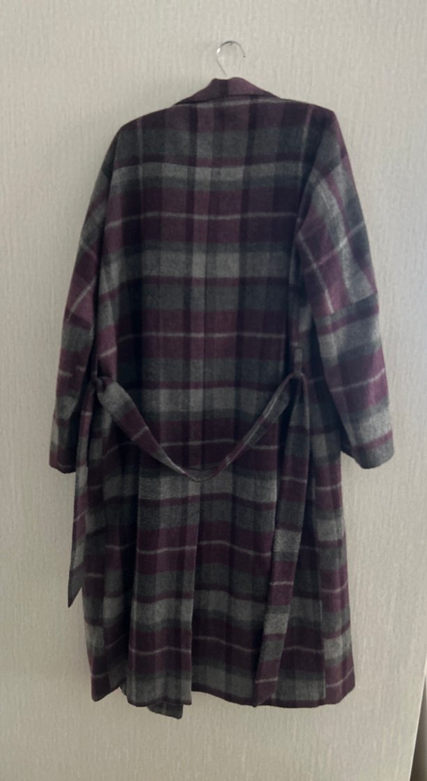 Bordo Gri Ekose Uzun Kadın Yün Kaban - Görsel 4