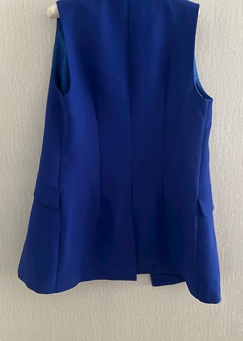 Düğmeli Kolsuz Mavi Midi Blazer - Görsel 3