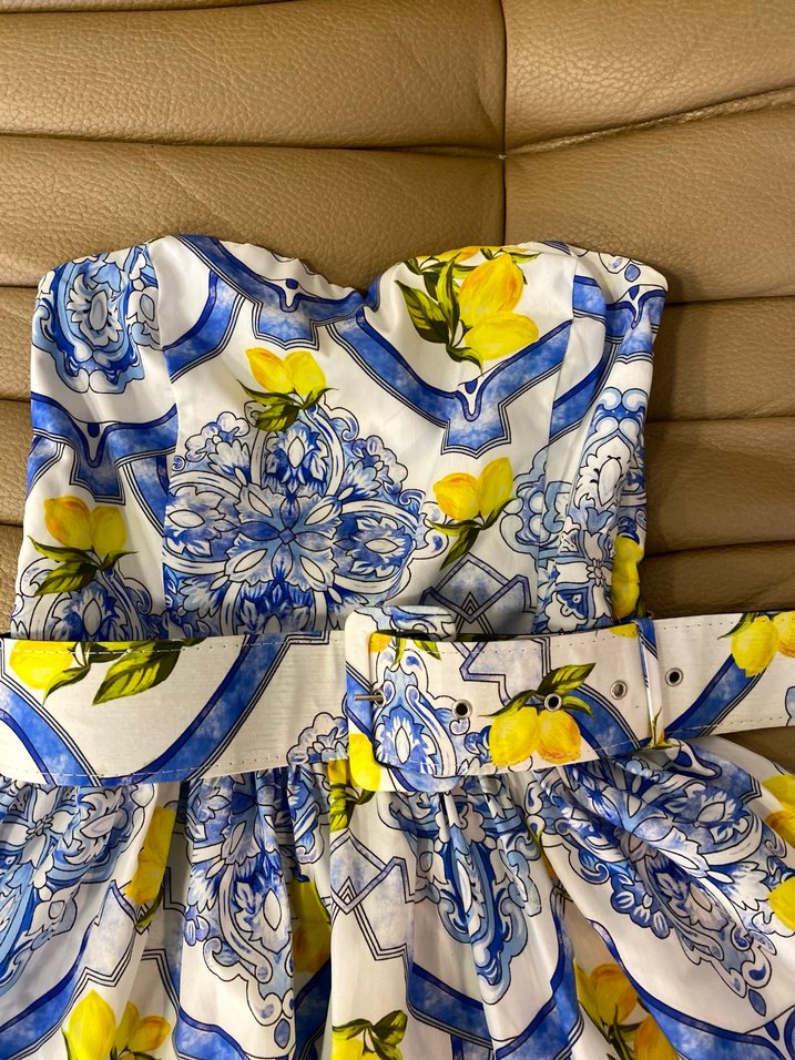 Sarı Desenli Straplez Uzun Elbise - Görsel 2