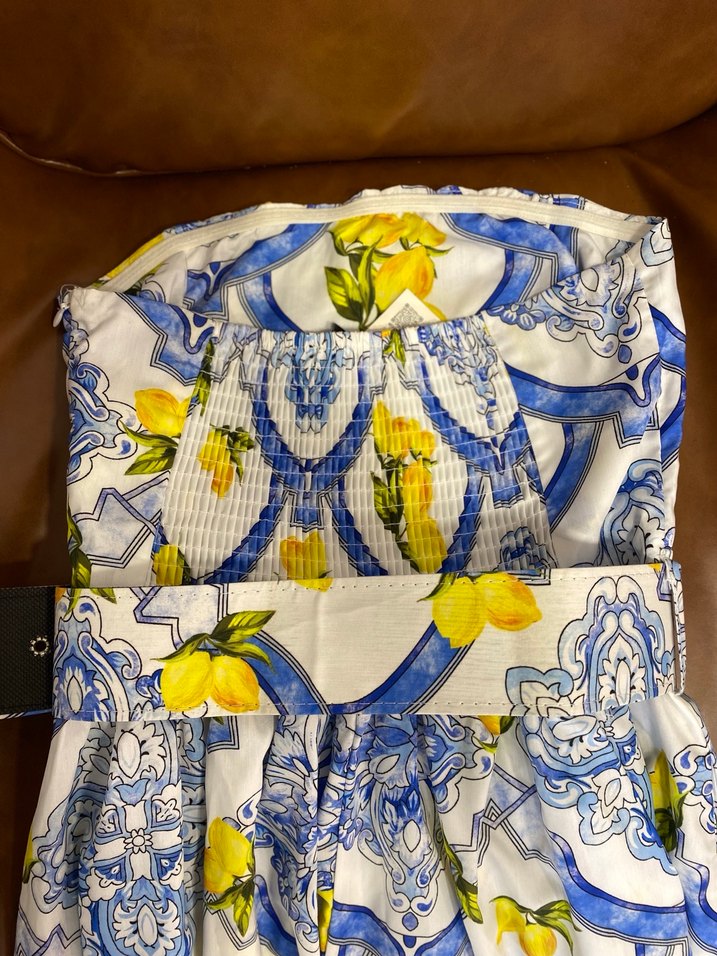 Sarı Desenli Straplez Uzun Elbise - Görsel 4