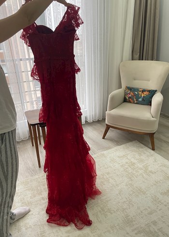 Kırmızı Uzun Kollu Bohem Nişan Elbisesi - Görsel 3